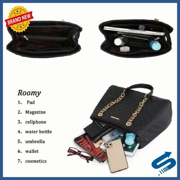 Quilted Medium Tote Bag with Gold Chain Strap - 13.25x9.5x5.5 - Picture 5 of 8